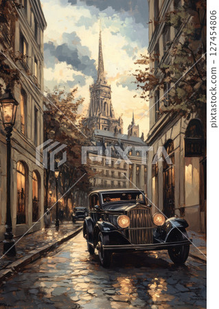 street scene hour vintage car cobblestone 127454806