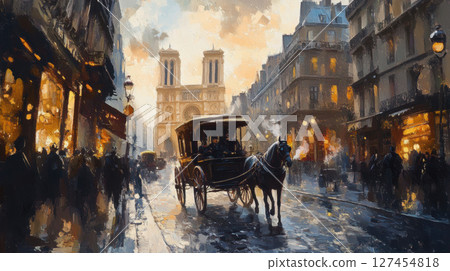 street dawn horsedrawn carriage driver passengers 127454818