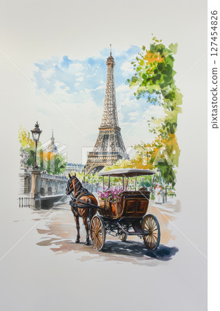 watercolor horsedrawn carriage eiffel background paris 127454826