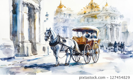 watercolor horsedrawn carriage city street style 127454829