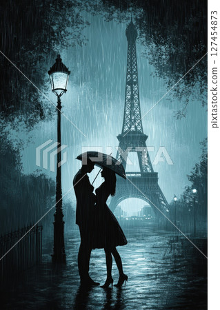 depiction couple rain eiffel background umbrella 127454873