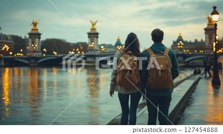 couple river sunset triomphe background seine 127454888