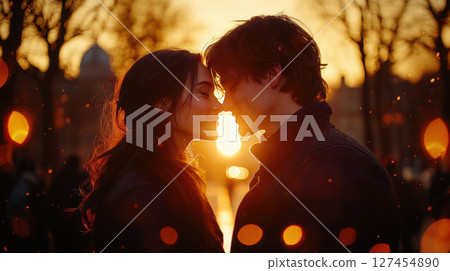 couple shares tender moment sunset scene couple shares tender moment sunset scene 127454890