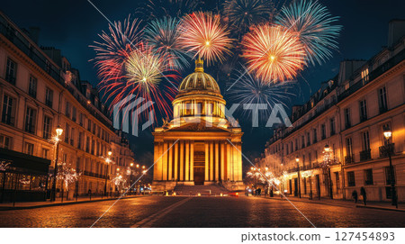 nighttime cityscape fireworks sky dome illuminating 127454893