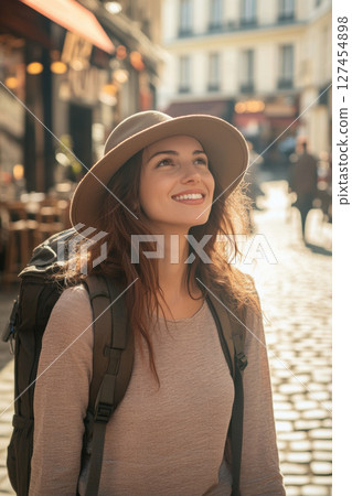 woman hat city street hour backpack 127454898