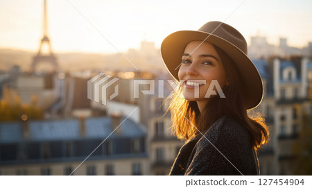 woman hat cityscape sunset scene womans 127454904