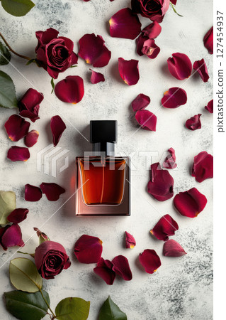 view perfume bottle petals surface topdown 127454937
