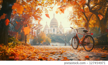 scene bicycle cobblestone path foliage yellows 127454971