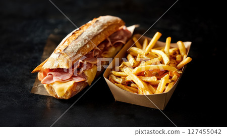 sandwich fries surface slices closeup crusty 127455042