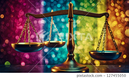 Scales of Justice Hanging Against a Sparkling Background, vibrant pop art style with bold lines and shiny texture highlights, high contrast color palette 127455050