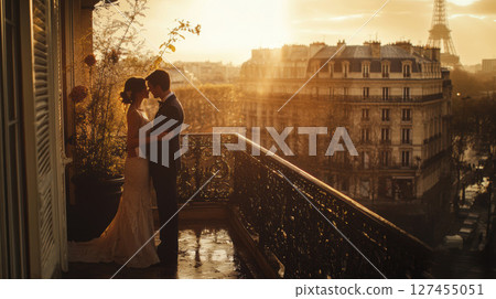 bride share tender moment river sunset 127455051
