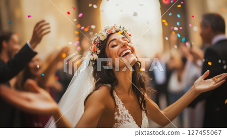 bride wedding reception groom dancing confetti 127455067