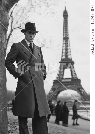 photograph man suit hat eiffel background 127455075
