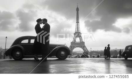 photograph couple vintage car man woman 127455085