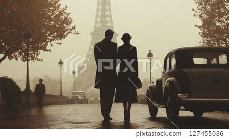 photograph vintage car city street eiffel 127455086
