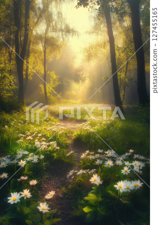 aerial view forest scene sunlight trees 127455165