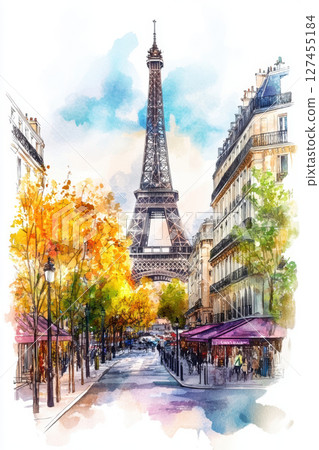 watercolor street scene eiffel background style watercolor street scene eiffel background style 127455184