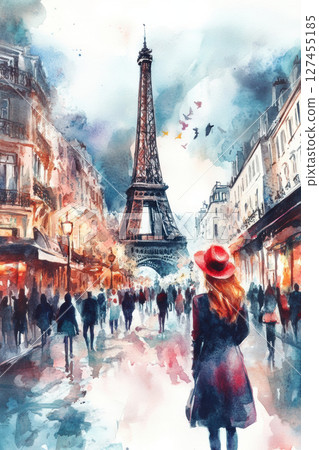 watercolor city street scene eiffel background 127455185