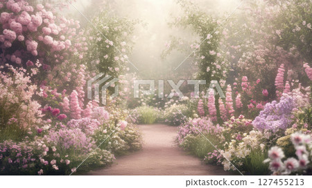 aerial view garden path flowers foliage 127455213