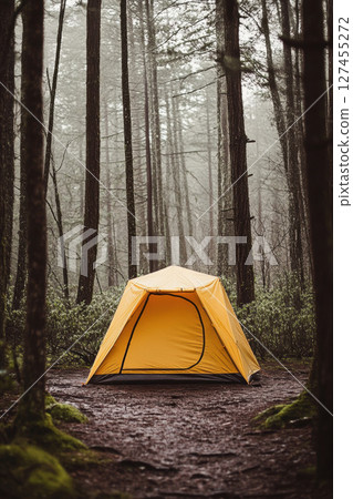 tent forest path foliage misty set 127455272