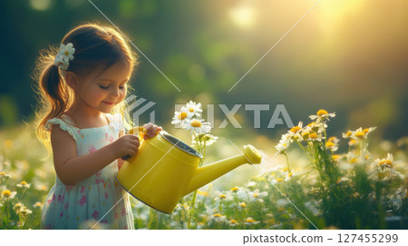 girl dress field daisies stands holding girl dress field daisies stands holding 127455299