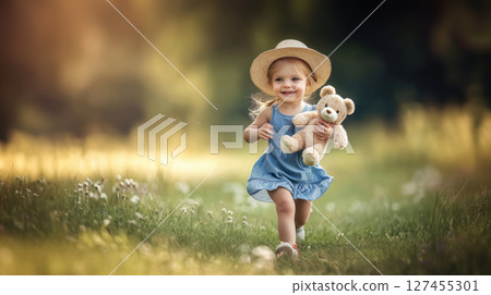 girl dress straw hat field bear girl dress straw hat field bear 127455301