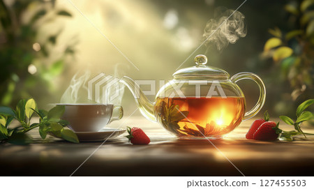 scene glass teapot tea strawberry saucer 127455503