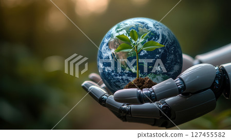 robot hand plant ecofriendliness sustainability globe 127455582