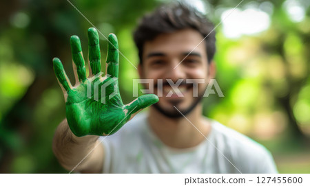 man hand gestures camera green park 127455600