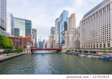 Vibrant sunny view of Chicago downtown skyline under a blue sky 127455654