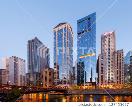 Scenic view of downtown Chicago during sunset 127455657