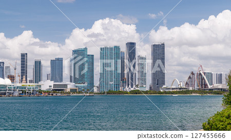 Modern skyline of Miami with towering skyscrapers, tropical vibe, and waterfront views 127455666