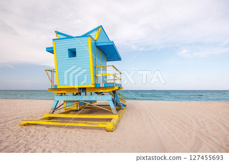 Colorful lifeguard tower on Miami Beach 127455693
