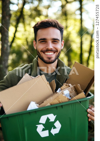 man boxes cardboard green bin recycling 127455728