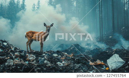 deer forest clearing pile garbage scene 127455764
