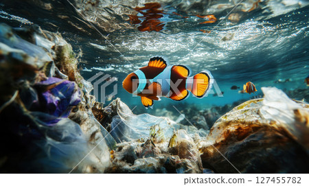 underwater scene reef stripes body coral 127455782