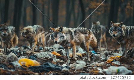 group wolves forest clearing terrain trash 127455783
