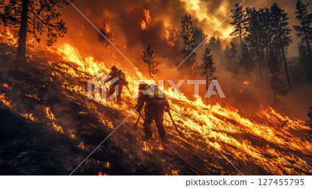 portrayal forest fire firefighters battling blaze 127455795
