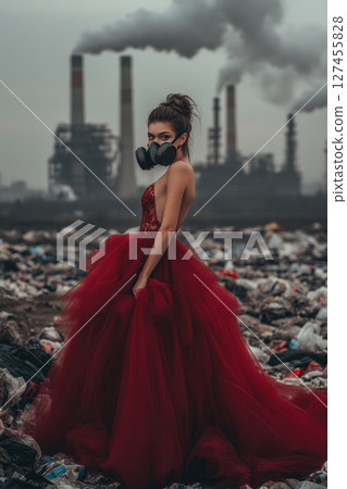 woman gas landscape garbage gown mask 127455828