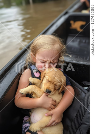 girl boat river chest puppy seated 127455893