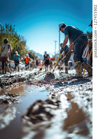 group people field person ground shovels 127455902