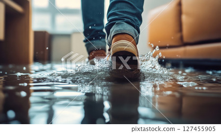 persons feet puddle water person jeans 127455905