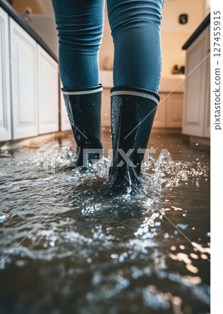 persons legs feet puddle water person 127455915