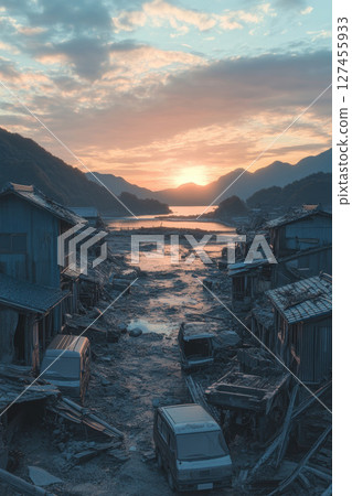 aerial view town sunset river mountains 127455933