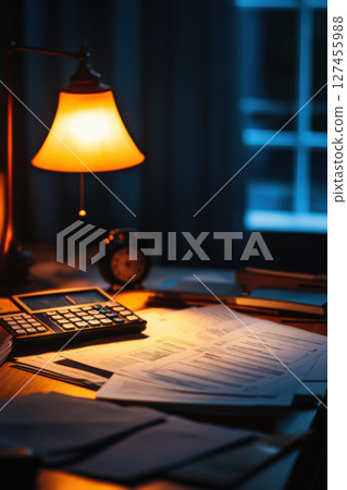 desk calculator papers lamp closeup shot 127455988
