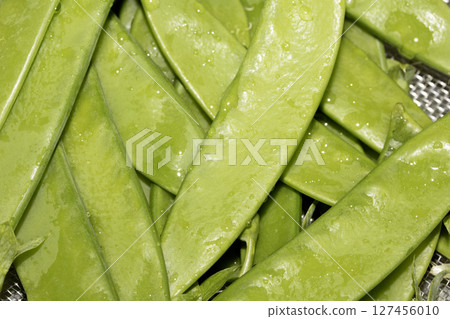Close up of mange tout peas washed and ready for cooking Close up of mange tout peas washed and ready for cooking 127456010