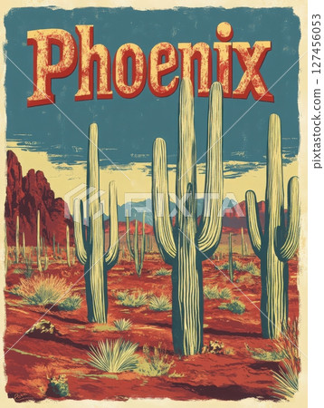 Vast desert terrain features tall cacti against a backdrop of mountains and a vibrant sky. This captivating view highlights the natural beauty of Phoenix, Arizona, in a picturesque setting. 127456053