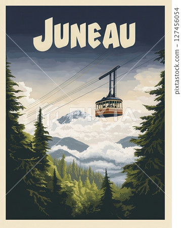 A gondola gracefully glides over a breathtaking Juneau landscape, surrounded by towering mountains and dense green forests. The contrast of clouds and peaks creates a picturesque backdrop. 127456054