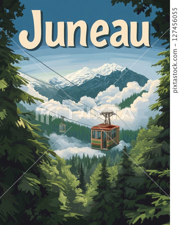 A cable car ascends over dense green trees, offering stunning views of towering mountains and clouds in Juneau, Alaska. 127456055