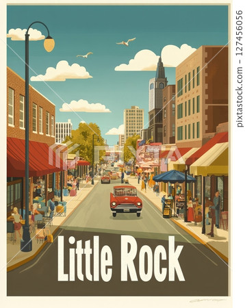 In a sunlit urban scene, busy streets feature colorful storefronts and people enjoying outdoor dining. 127456056